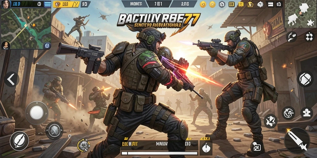 Screenshot gameplay <strong>MONTE77</strong> menunjukkan pertarungan intense di arena Battle Royale.
