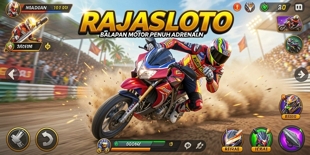 Gameplay mendebarkan dari RAJASLOTO yang menampilkan balapan motor yang intens.