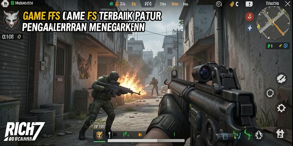 Tampilan gameplay menegangkan dalam RICH7 dengan aksi tembak-menembak.