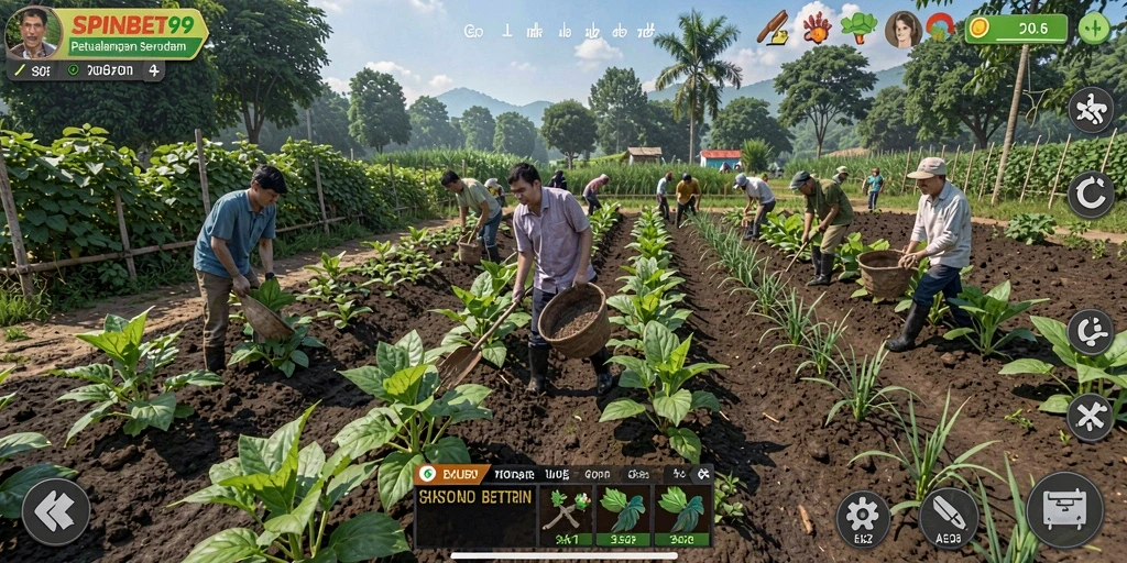 Tangkapan layar gameplay SPINBET99 dengan tanaman yang subur dan hewan ternak.